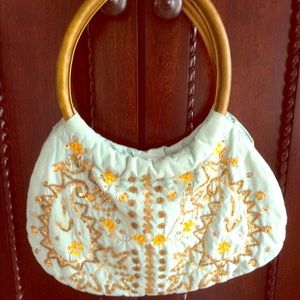 Vintage Y2K Beaded Purse Handbag Pale Blue Gold Beads Paisley Embroidered Vegan